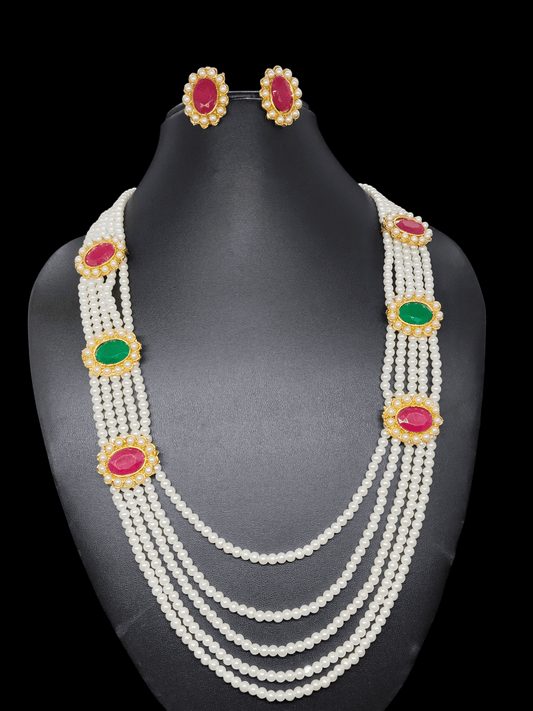 Pearlesha Premium Quality 5 Layered White Pearl Long Haram with Red and Green Stones