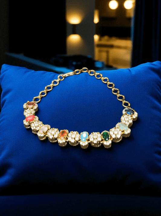 Crown Jewels Premium Quality Antique Finished Gold Plated Traditional Navarathna Trendy and Stylish Bracelet