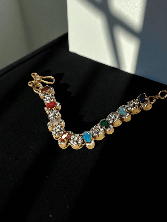 Crown Jewels Premium Quality Antique Finished Gold Plated Traditional Navarathna Trendy and Stylish Bracelet