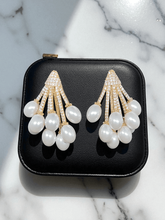 PearlFountain Premium Quality Pearl and American Diamond Party wear Western Earring