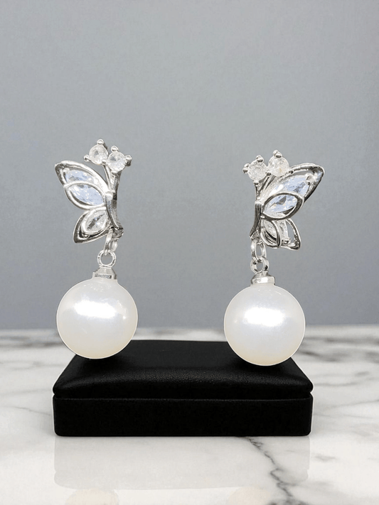 CelestiFly Silver and Pearl Butterfly Budget Friendly Drop Western Earring