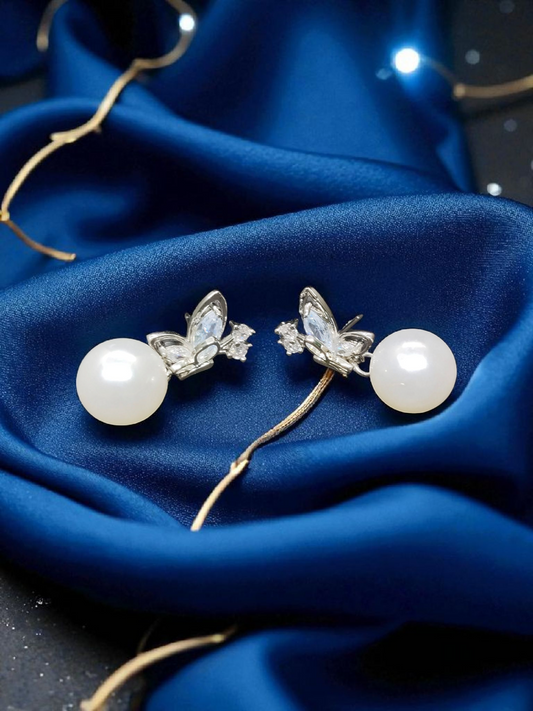 CelestiFly Silver and Pearl Butterfly Budget Friendly Drop Western Earring
