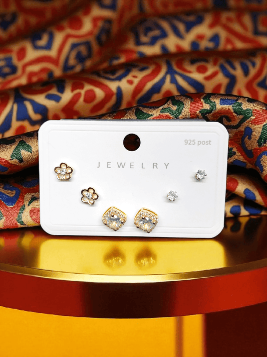 SparkMuse Trio Premium Quality Budget Friendly Elegant Earring Combo Set In AD Stone