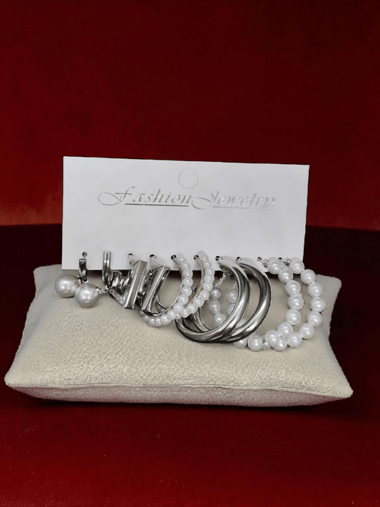 EleganzaHoop Silver Plated Budget Friendly Elegant Earring Combo Set In Pearl