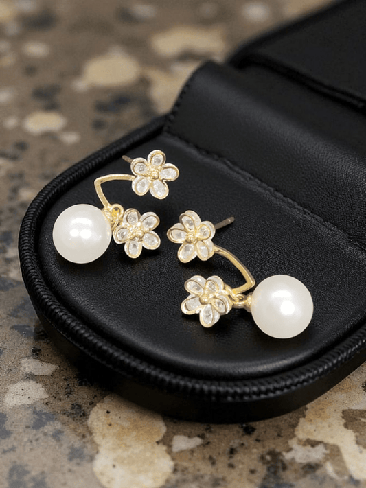 Gilded Petal Premium Quality Budget Friendly Cubic Zirconia Gold Plated Simple and Stylish Stoned Earring with Pearl
