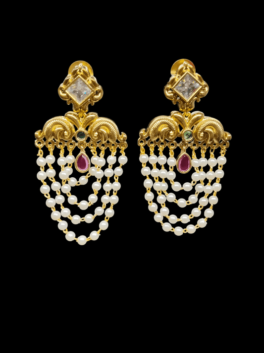 Kanaka Pallava Premium Quality Mat Finish AD Stoned 4 Layer Pear Earring