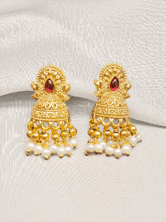 Roopavati Premium Quality Budget Friendly Ruby Stoned Light Weight Gold Plated Half Jhumka