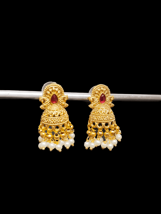 Roopavati Premium Quality Budget Friendly Ruby Stoned Light Weight Gold Plated Half Jhumka