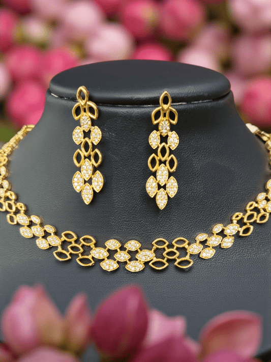 Golden Leaves Premium Quality Simple and Stylish 22k Gold Plated Necklace Set with AD Stone