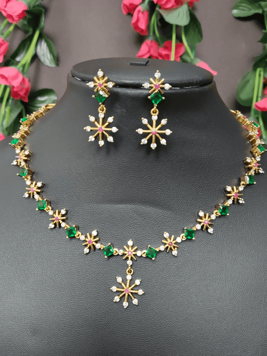 Green Leafy Vine Premium Quality Simple and Stylish 22k Gold Plated Necklace Set with AD Stone