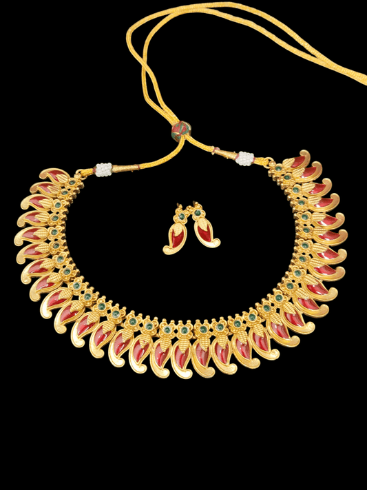 Enamel Curve Elegant and Beautiful Traditional Mango Designed Red Color Necklace Set