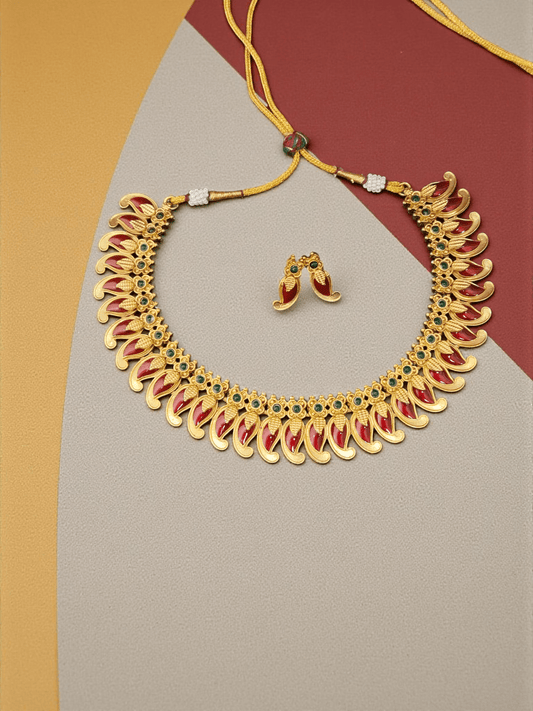 Enamel Curve Elegant and Beautiful Traditional Mango Designed Red Color Necklace Set