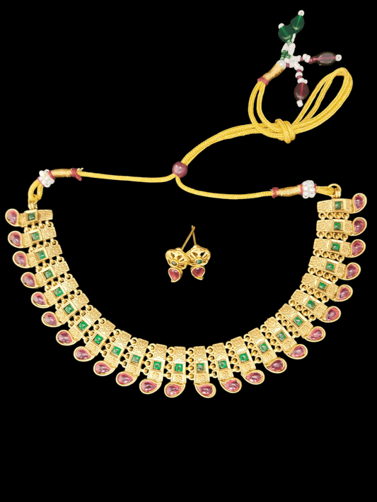 Heritage Link Stylish and Beautiful Ruby and Emerald Stoned Traditional Necklace Set