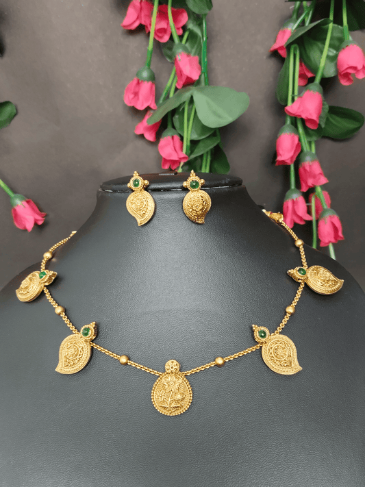 Mango Medallion Floral and Mango Designed Traditional Beautiful Necklace Set with Green Stones