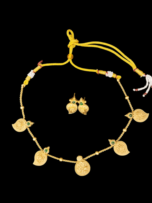 Mango Medallion Floral and Mango Designed Traditional Beautiful Necklace Set with Green Stones