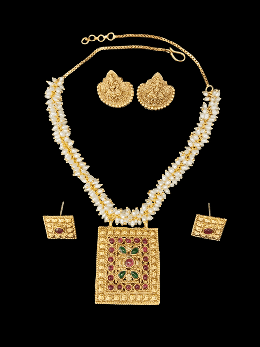 Divine Lakshmi Antique Double Sided Reversible Rice Pearl Necklace Set with 2 Earrings
