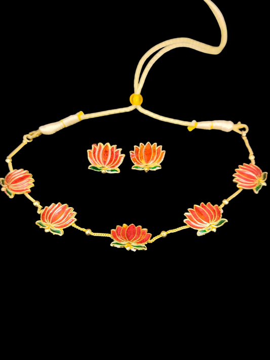 Meenakari Budget Friendly Trending Lotus Necklace Set in Red Color