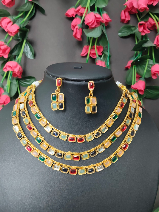 Regal Navratna 3 Layered Multi Stoned Mat finish Necklace Set