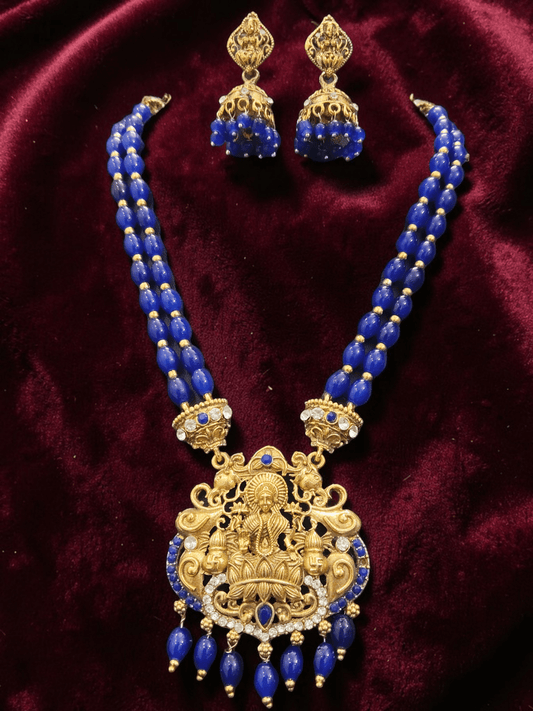 Ashtalakshmi Premium Quality 22k Antique Gold Traditional Pendant with Blue Beads Necklace Set