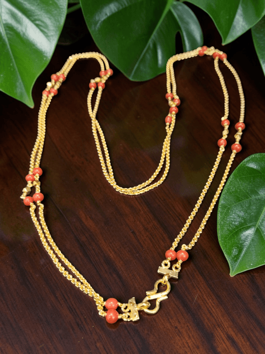 Sri Laxmi Long Double Layered 22k Gold Plated Necklace with Orange Coral Beads