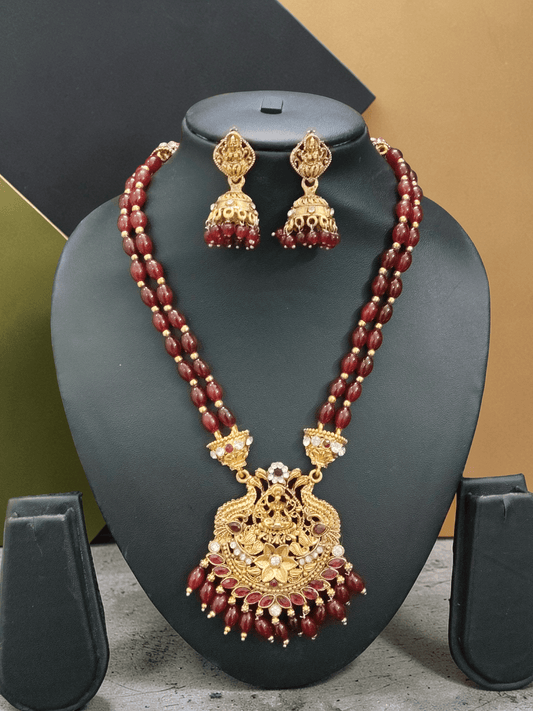 Maroon Majesty Premium Quality Antique Gold Finished Traditional Lakshmi Haram Set