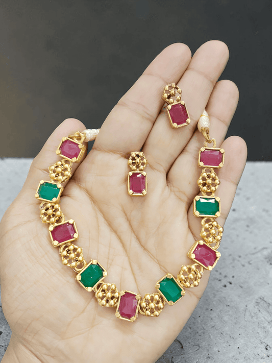 Padmavati Flower 22k Gold Plated Premium Quality Traditional Rectangle Glossy Short Necklace Set