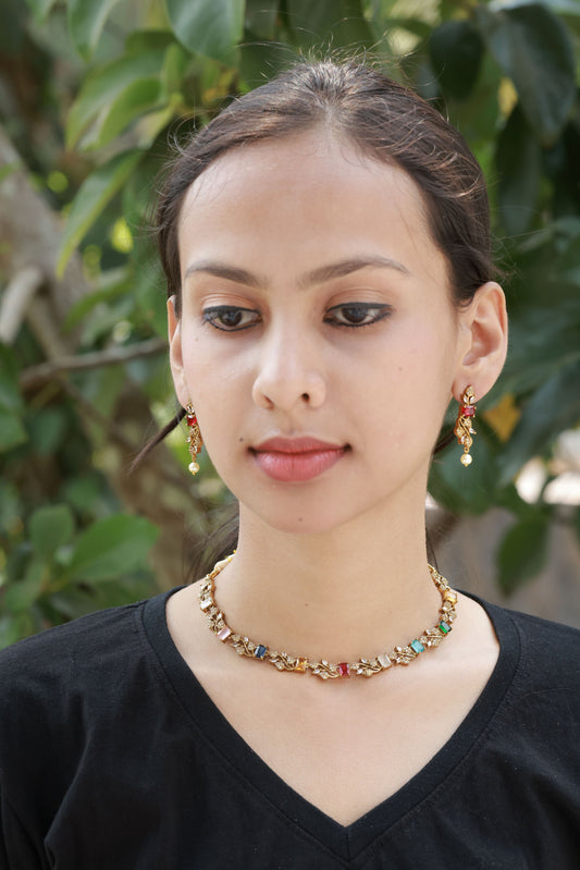 Navaratna Bloom Gold Plated Stoned Necklace Set