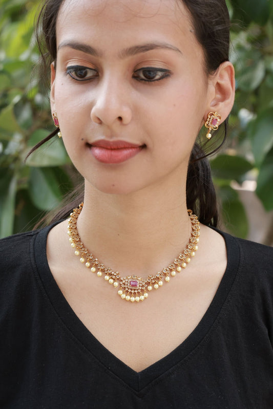 Pearl Rajni Traditional Beautiful Pearl and AD Stoned Necklace Set