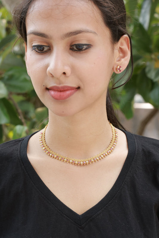 Rati Maala Traditional Necklace Set in Pink and White Stones