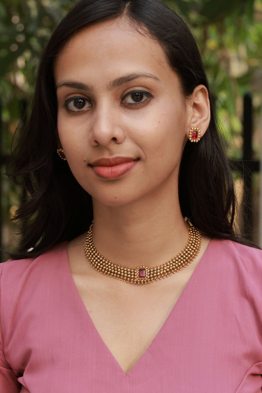 Swaralipi Mat finish Antique Shade Traditional and Festive Beautiful Necklace Set in Ruby Stone