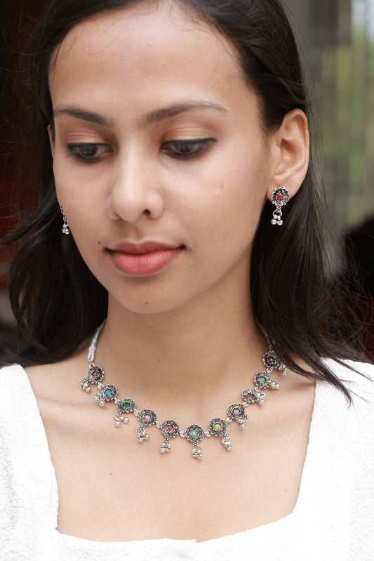 Chitralekha Budget Friendly Multi Color Stoned Cute and Elegant Oxidised Necklace Set