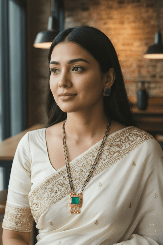 Beautiful Double Layer Budget Friendly Unique Mangalsutra Set with green Stone
