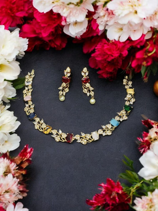 Navaratna Bloom Gold Plated Stoned Necklace Set