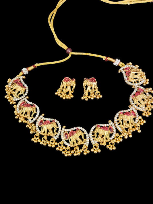 Soni Royal Elephant 22k Gold Plated Antique Mat finish  Necklace Set