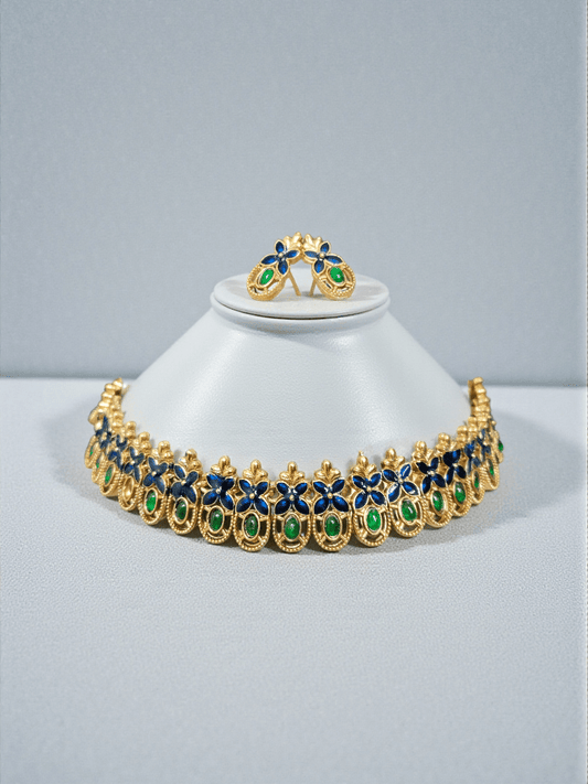 Blue Enamel Oval Shaped Mat finish Stoned Antique and Traditional Necklace Set
