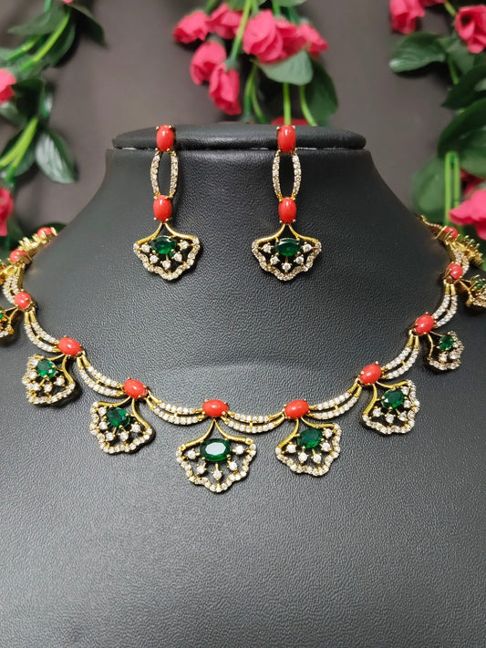 Pagadam CZ Premium Quality Coral Beaded Stylish AD Stoned Necklace Set