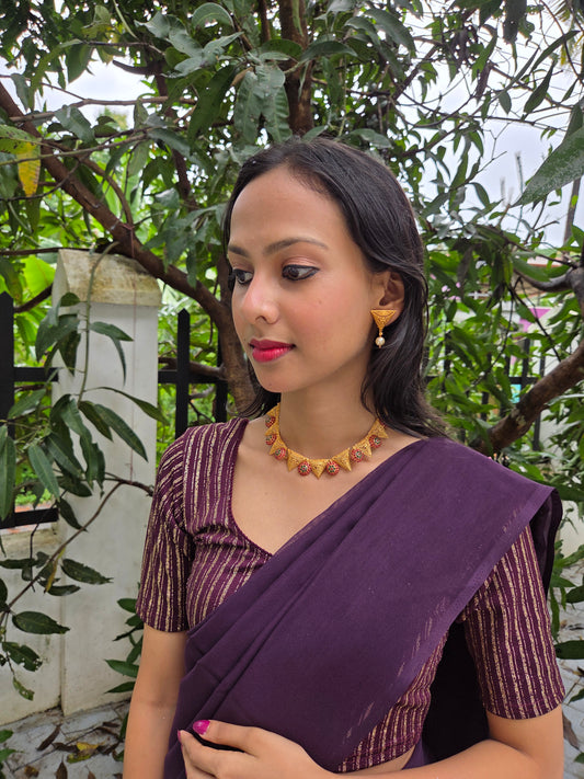 Patrika Haar  Premium Quality Antique Shade 22k Gold Plated Mat Finish Stylish and Trendy Multi Color Necklace Set