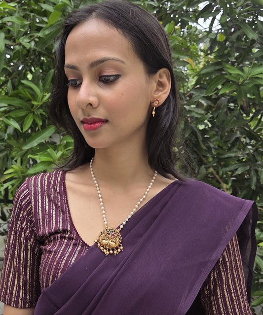 Mayurapushpa  Premium Quality Antique Shade 22k Gold Plated Stylish and Trendy Mid length Pearl Bead Chain in 2 variant