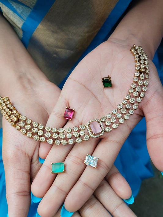 Manimanjari Premium Quality Interchangeable AD Stoned Necklace Set with 5 colors of Stones