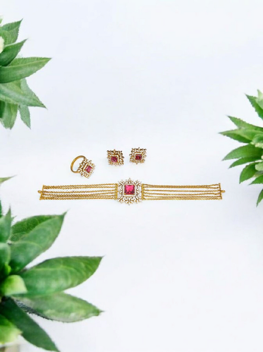 Rudhirika Set Of Choker with Matching Ring and Earrings in Antique Gold