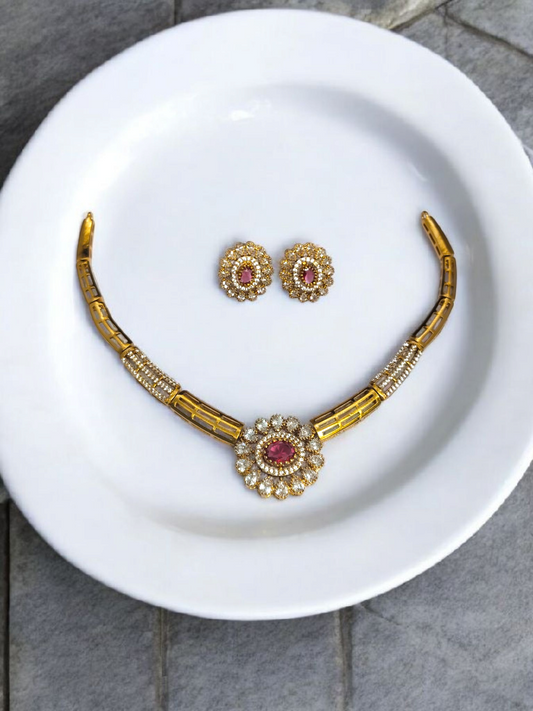 Surya Kamala Premium Quality Modern Necklace Set in Antique Gold