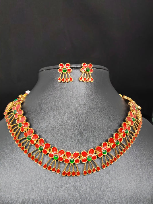 Charulata Beautiful and Elegant Traditional Red Color Necklace Set for Onam