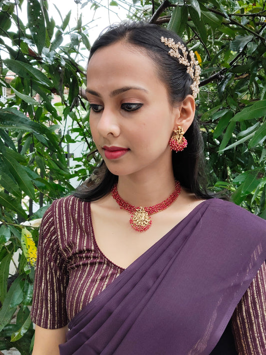 Radhika Raga  Premium Quality Antique Shade 22k Gold Plated Stylish and Trendy Traditional Radha Krishna Necklace Set Beaded