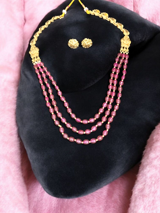 Raktabindika Premium Quality 3 Layered Mid length Traditional Beautiful Beaded Necklace Set