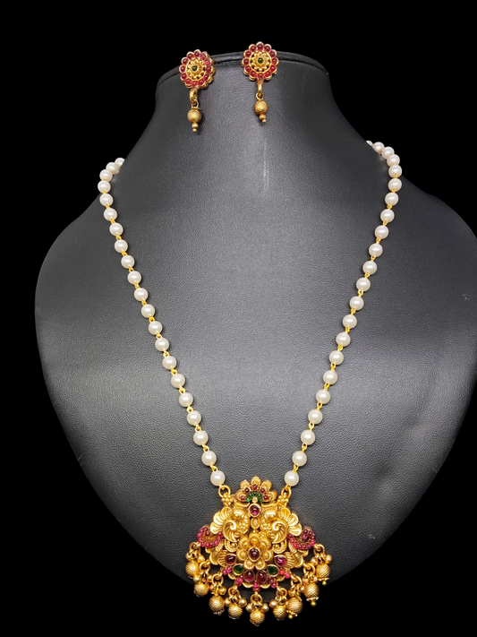 Mayurapushpa  Premium Quality Antique Shade 22k Gold Plated Stylish and Trendy Mid length Pearl Bead Chain in 2 variant
