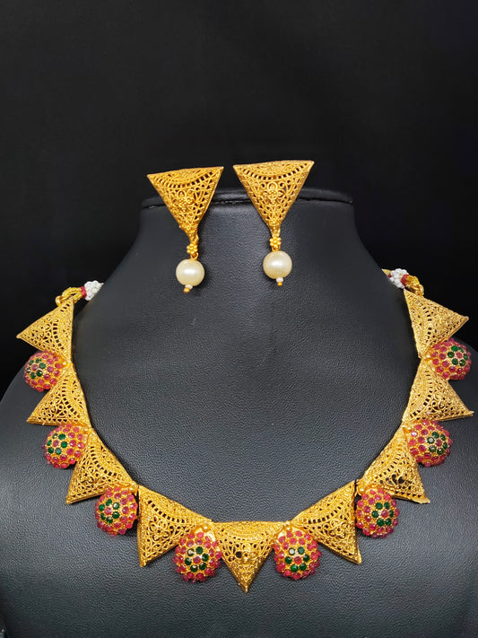 Patrika Haar  Premium Quality Antique Shade 22k Gold Plated Mat Finish Stylish and Trendy Multi Color Necklace Set