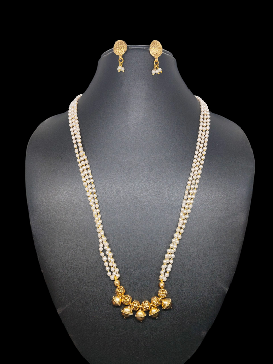 Nrityamala Premium Quality 3 Layered Trending Simple and Elegant Pearl Mid Length chain with Earring Set
