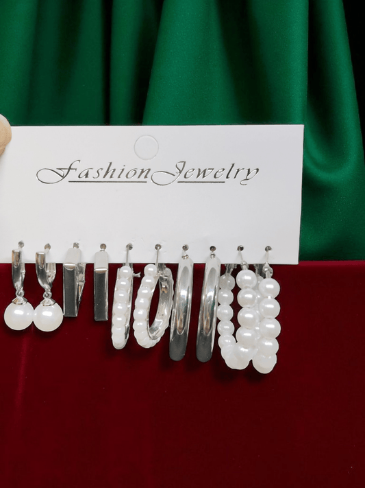 EleganzaHoop Silver Plated Budget Friendly Elegant Earring Combo Set In Pearl