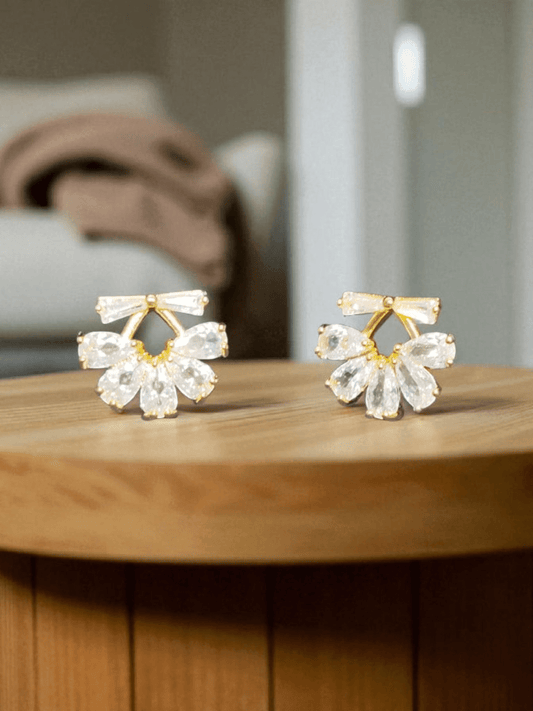 Golden Petal Bow Premium Quality Budget Friendly Cubic Zirconia Gold Plated Simple and Stylish Stoned Earring