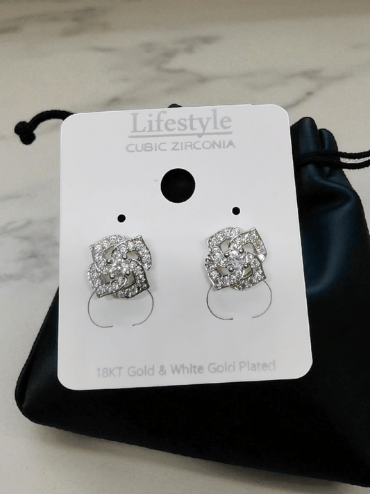 Crystal Rosette Premium Quality Budget Friendly Cubic Zirconia Silver Plated Simple and Stylish Stoned Earring